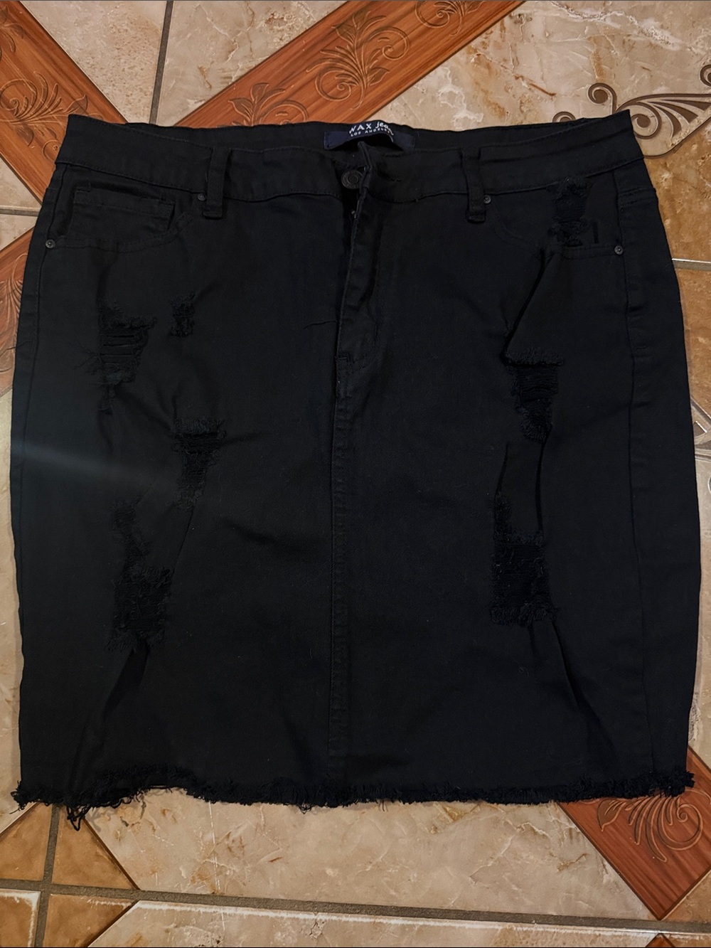 Black Distressed Denim Pencil Skirt - Unbranded